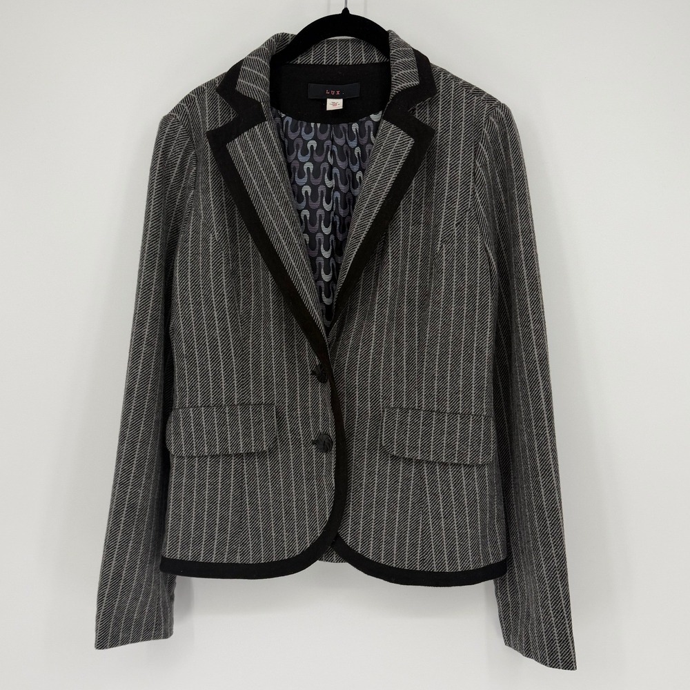 Lux Womens Gray White Striped Blazer Jacket Black Trim Size S